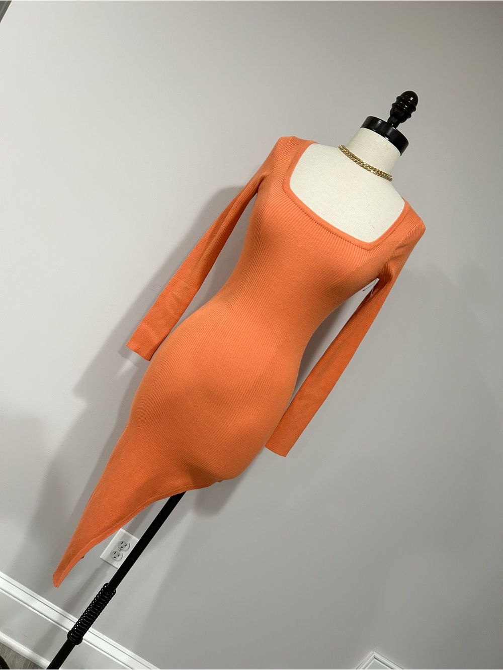 Fashion Nova Orange Asymmetrical Long-Sleeve Bodycon Dress